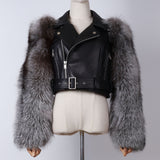 Never Tripping Fur sleeve Moto Leather Jacket(Pre-order)