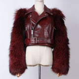 Never Tripping Fur sleeve Moto Leather Jacket(Pre-order)