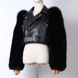 Never Tripping Fur sleeve Moto Leather Jacket(Pre-order)
