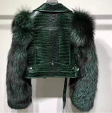 Never Tripping Fur sleeve Moto Leather Jacket(Pre-order)